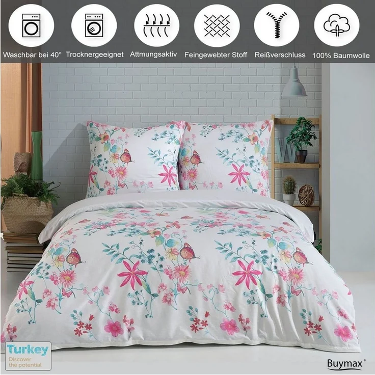 Buymax Bettwäsche Vilatis, Renforce: 100% Baumwolle, 2 teilig, Bettbezug-Set, 155x220 cm, mit Reißverschluss, Schmetterling Weiß Rosa – Bild 2
