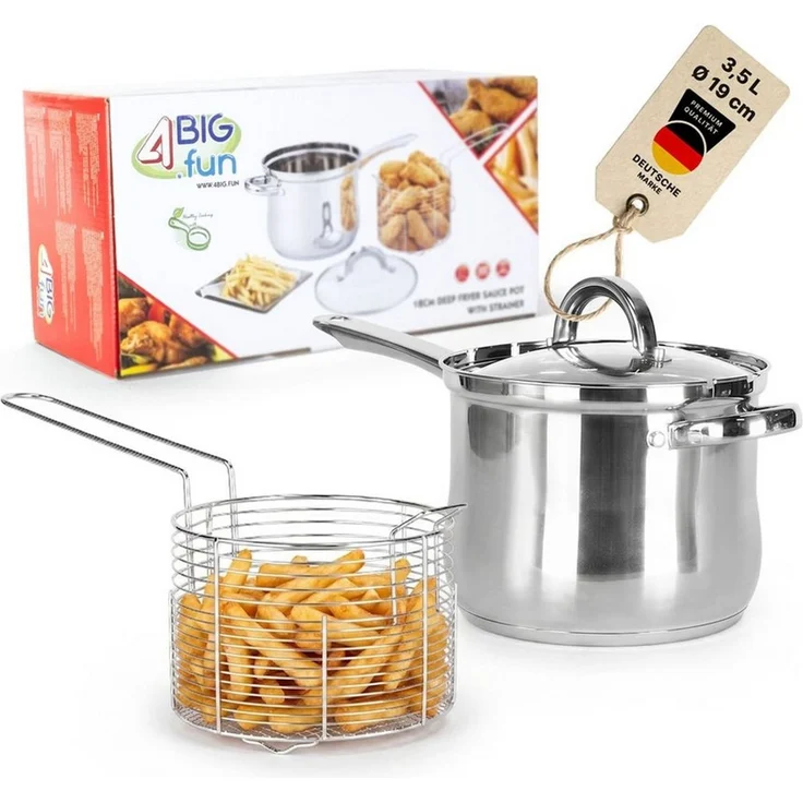 4BIG. fun Kochtopf Frittiertopf 3,5L Edelstahl Frittierkorb Glasdeckel Induktion Frittöse, Edelstahl (Friteuse mit Siebeinsatz und Glasdeckel, Pommestopf), Pommes alle Herdarten – Bild 1