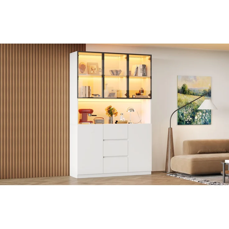 ZUBALIYA LED-beleuchtete Glasvitrine 120×40×200 cm – Vitrine aus gehärtetem Glas mit offenen Regalen, drei Schubladen und zwei Türen. Ein vielseitiger Schrank, der sich für Wohn- und Esszimmer eignet – Bild 12
