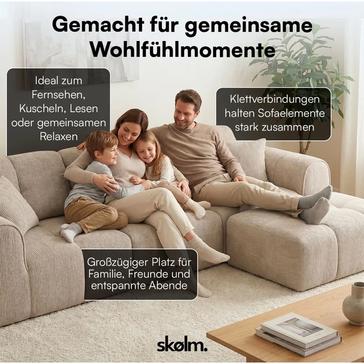 skølm 'Vanaheim' Sofa 3 Sitzer mit Hocker & 2 Kissen, Cloud Sofa beige, Chenille-Stoff, Vollschaumcouch mit Federkern und Vakuum-Kompression, kein Aufbau erforderlich – Bild 5