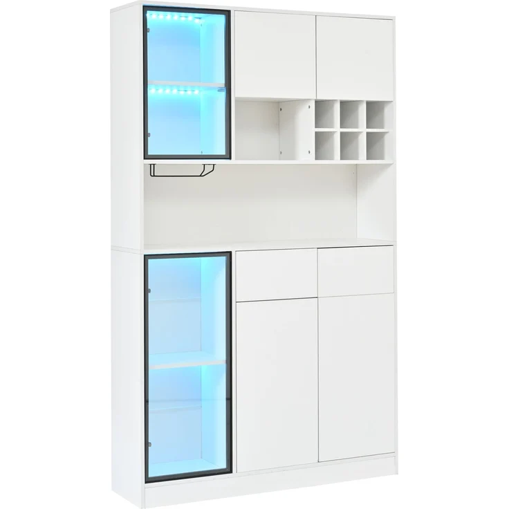 Hochschrank Vitrine 120×33×200cm, Wohnzimmer Schrank mit 6 Türen, 2 Schubladen, LED‑Beleuchtung, offenen Fächern, Hartfaserplatte & gehärtetem Glas, Weinschrank für Wohn‑ und Esszimmer – Bild 9