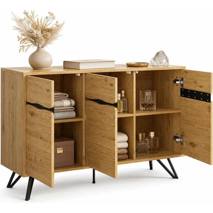 DESVIAE Sideboard mit 3 Türen 140x75,5x40 cm aus Spanplatte in Holzfarbe und Schwarz – Bild 7