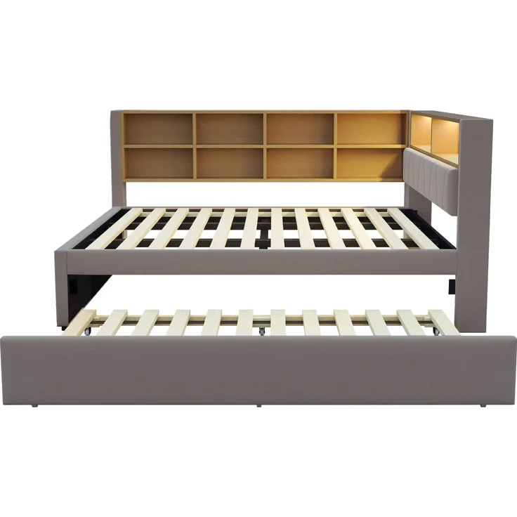 CHICFURN Bett aus Flanell Dunkelgrau 140x200 cm mit Ausziehbett 90x190 cm, LED-Beleuchtung und USB- und Type-C-Anschlüssen – Bild 8