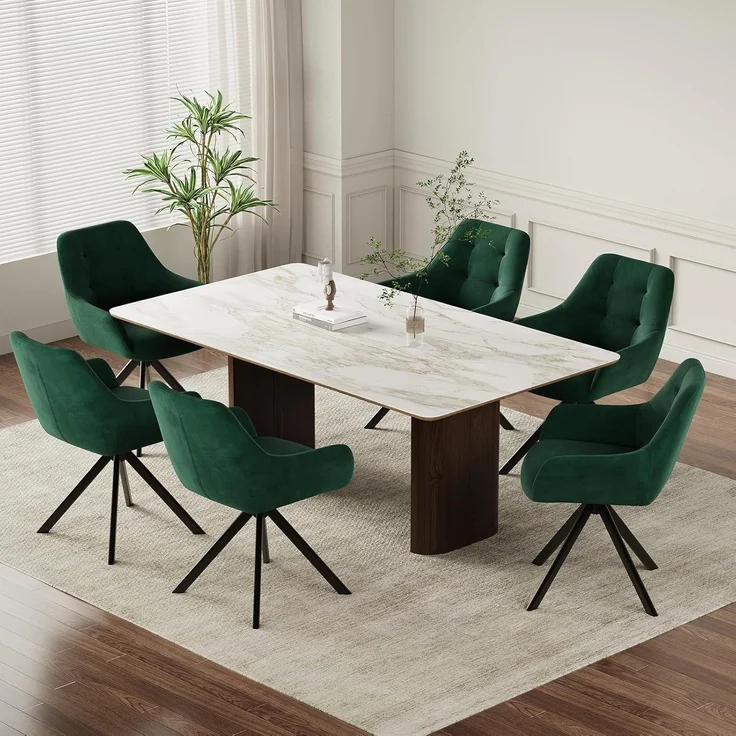 COLAMY Drehbare Esszimmerstühle 6er Set, Esszimmerstühle Drehbar mit Armlehne, Armlehnstuhl Drehbar mit Rückenlehne für Esszimmer, Stühle aus Weichem Florstoff mit Metallgestell für Küche, Grün