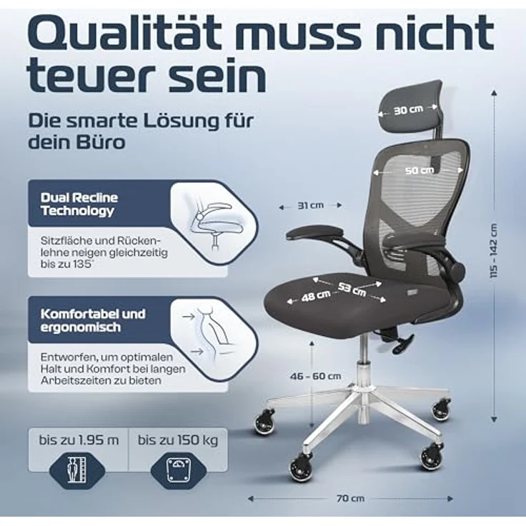 Clouvou CleverSeat Drehstuhl, Anthrazit, ergonomischer 1-Sitzer mit flexiblem Sitzkomfort, 70x142x70 cm für Homeoffice und Büro – Bild 2