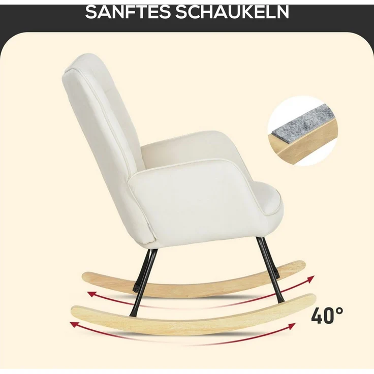 HOMCOM Schaukelstuhl, Schaukelsessel mit Samtoptik, Armlehne, Sessel mit Holzkufen, Relaxsessel für Wohnzimmer, Schlafzimmer, Hellbeige – Bild 3