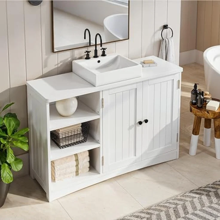 Bealife Waschbeckenunterschrank, Badezimmerschrank 90 x 30 x 60 cm, mit 2 Türen, 5 Fächern und höhenverstellbarem Einlegeboden in 3 Stufen, Magnetverschluss, viel Stauraum, wasserabweisend (Weiß) – Bild 9