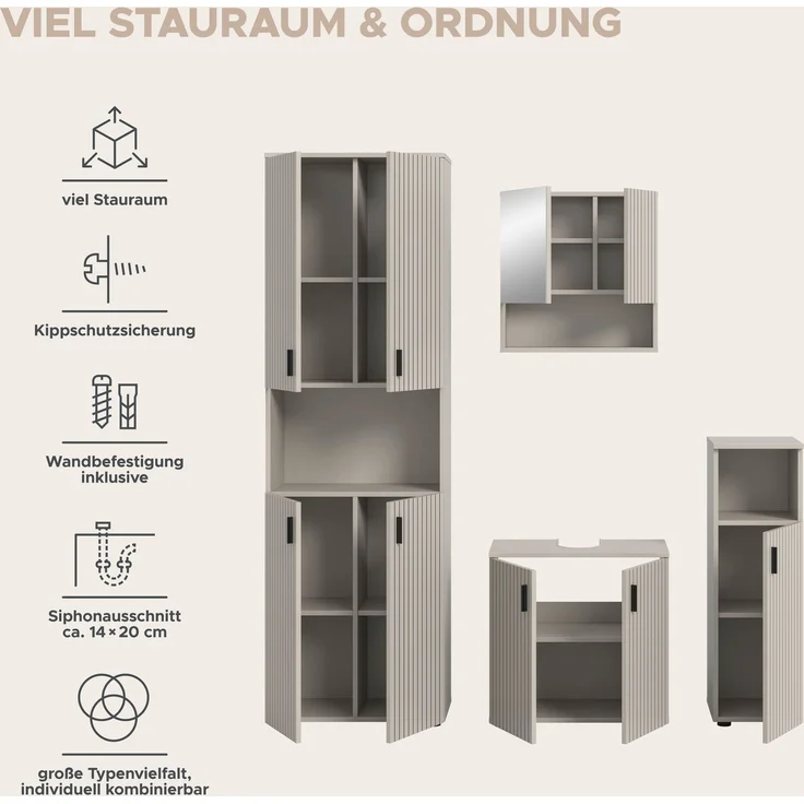 xonox. home – Badkombination Mone 180 x 192 x 30 cm in Kaschmir Nachbildung – 4-teiliges Set inkl. 2 Badschränken, Waschbeckenunterschrank & Spiegelschrank – Großzügiges Möbel-Set für perfekte Ordnung – Bild 10