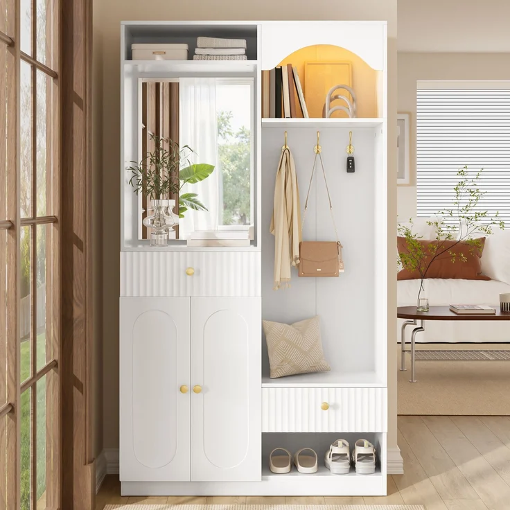 Kompaktgarderobe 100x35x180 cm mit Spiegel, Sitzbank, LED und verstellbaren Einlegeböden – Bild 4