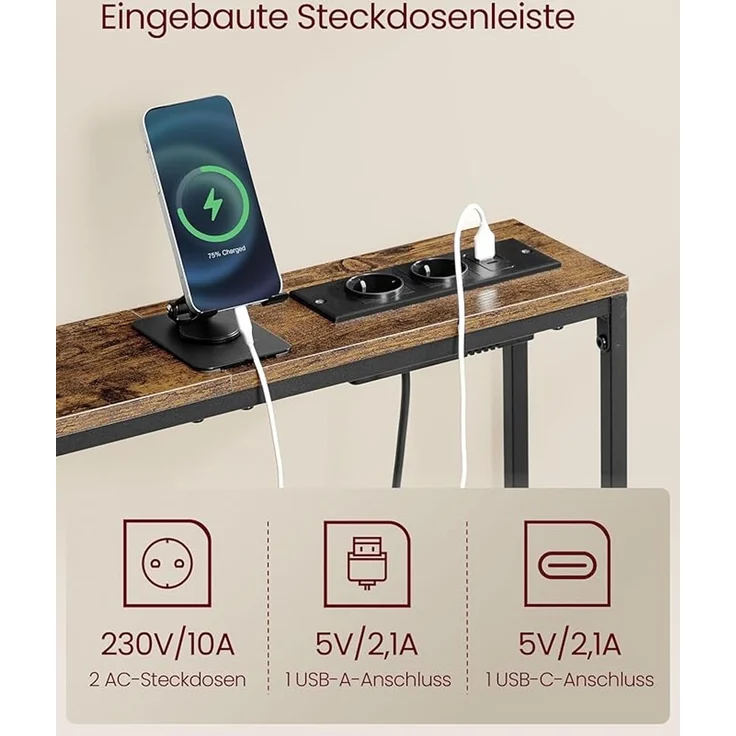 VASAGLE Konsolentisch 2er Set, mit Ladestation, schmaler Sofatisch, Flurtisch, 15 x 100 x 80 cm, mit 2 Haken, einfache Montage, für Flur, Wohnzimmer, vintagebraun-tintenschwarz – Bild 3