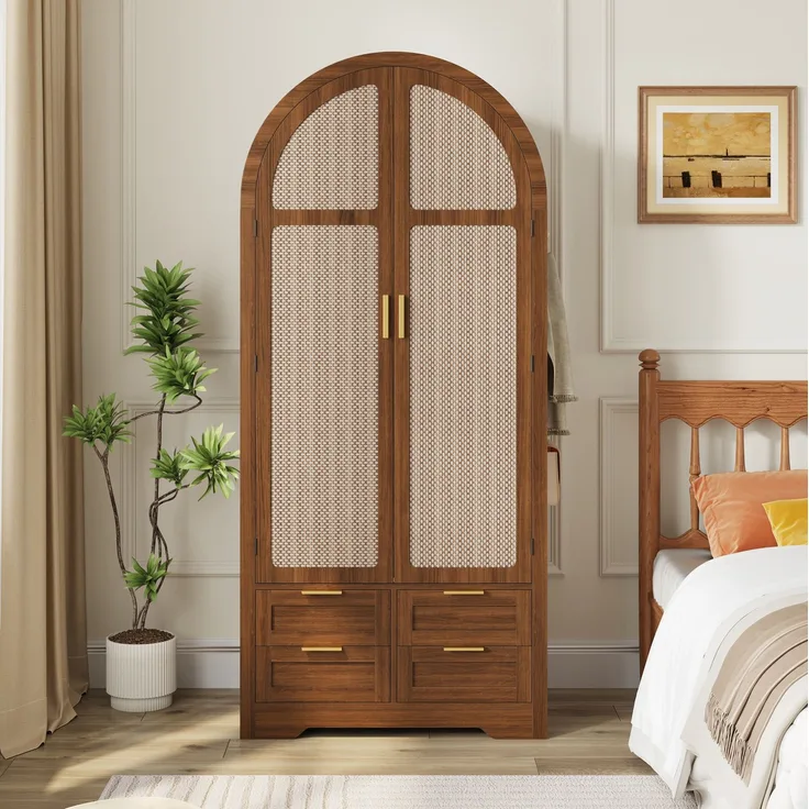 DESVIAE Garderobenschrank Nussbaum aus MDF – 80x180x50 cm – Rattantüren, Schubladen