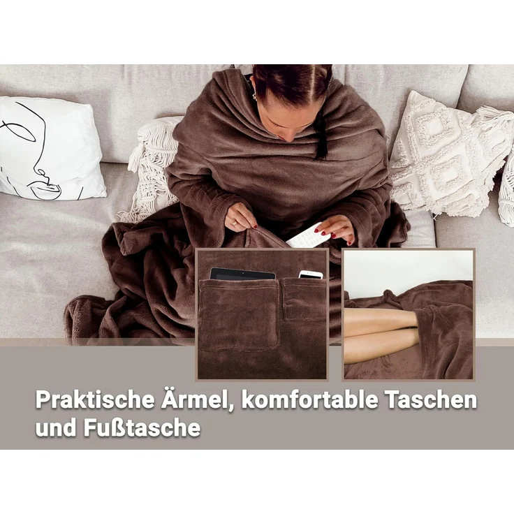 ZOLLNER Kuscheldecke mit Ärmeln, 170x200 cm, braun (schoko) – Bild 4