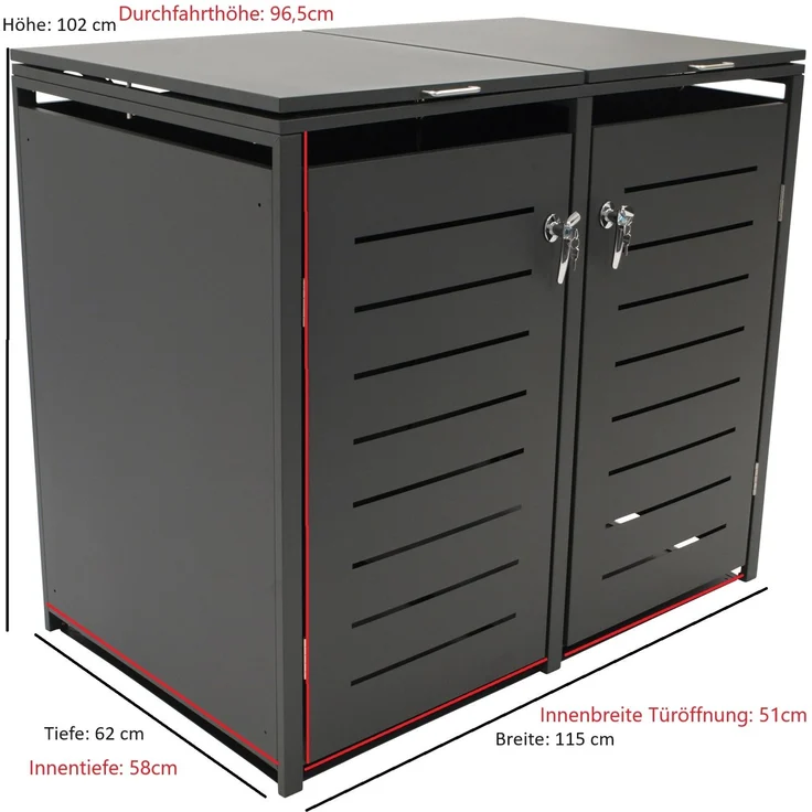 DEGAMO KÖLN Mülltonnenbox 2-er, Stahl verzinkt, anthrazit, 115x62x102cm für 2x kleine Tonne 120 Liter – Bild 2
