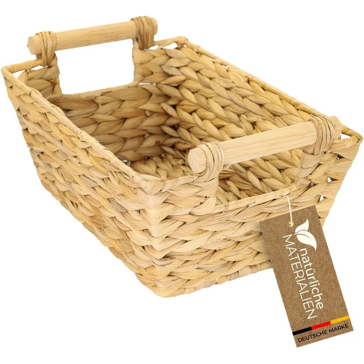 HMF Aufbewahrungskorb Aufbewahrungskorb mit Holzgriffen, Korb geflochten aus Wasserhyazinthe, Badezimmerkorb, lang und eckig, 30 x 20 x 12 cm