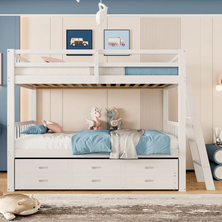 Etagenbett 90x200 cm mit Ausziehbett, 3 Schubladen, Kinderbett aus Kiefernholz und MDF, mit Treppe,Weiß – Bild 5