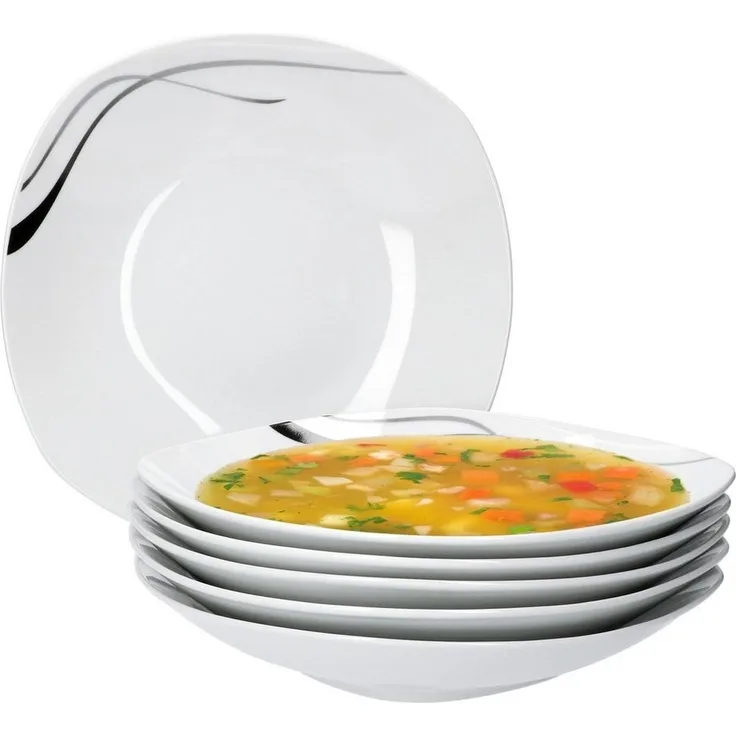 Van Well 6er Set Suppenteller Silver Night, Menü-Teller tief, 450 ml, 215mm, Porzellan, Linien-Dekor