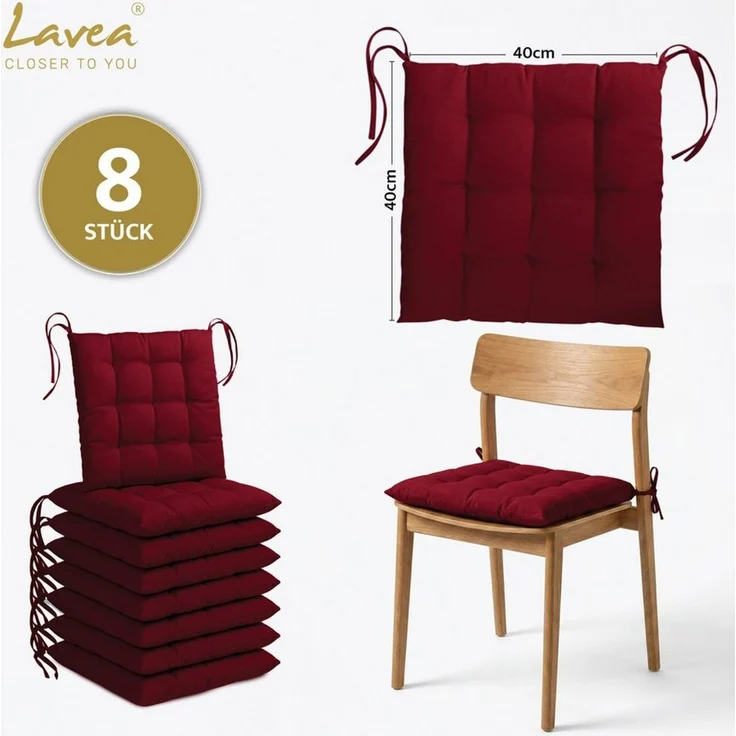Lavea Stuhlkissen Lavea® Sitzkissen & Stuhlkissen 40x40 cm – 4er/8er Set, 40x40x3 cm, mit Stoffbändern, Indoor & Outdoor, für Garten & Balkon