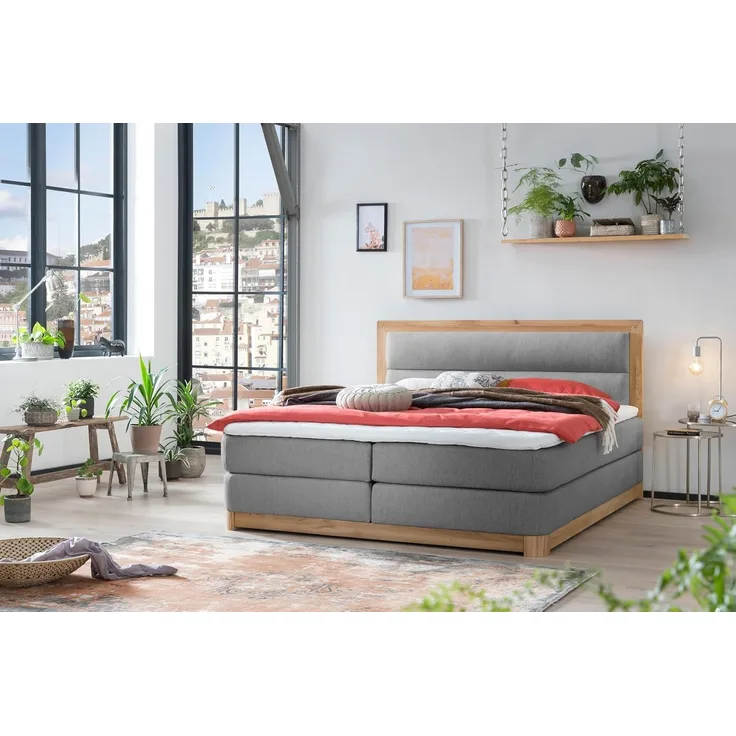 Belanoti Boxspringbett Age (Boxspringbett 160x200 Eiche 7-Zonen Taschenfederkern Matratze, inkl Visco Topper Bett 160x200 in der Farbe Grau H2/H3 Polsterbett), Hotelbett mit Massivholz Eiche Massivholzbett