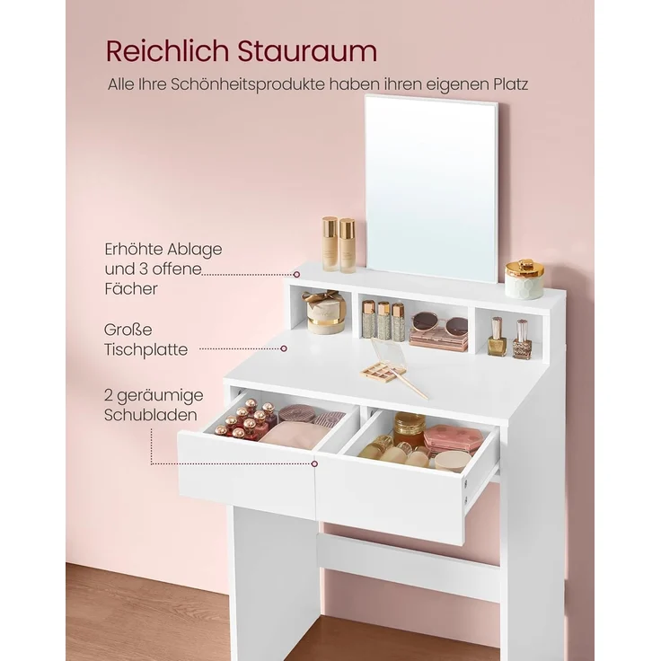 VASAGLE Schminktisch mit großem Spiegel, Frisiertisch, 2 Schubladen, 3 offene Fächer, Kosmetiktisch, modern, weiß RDT103W01 – Bild 4