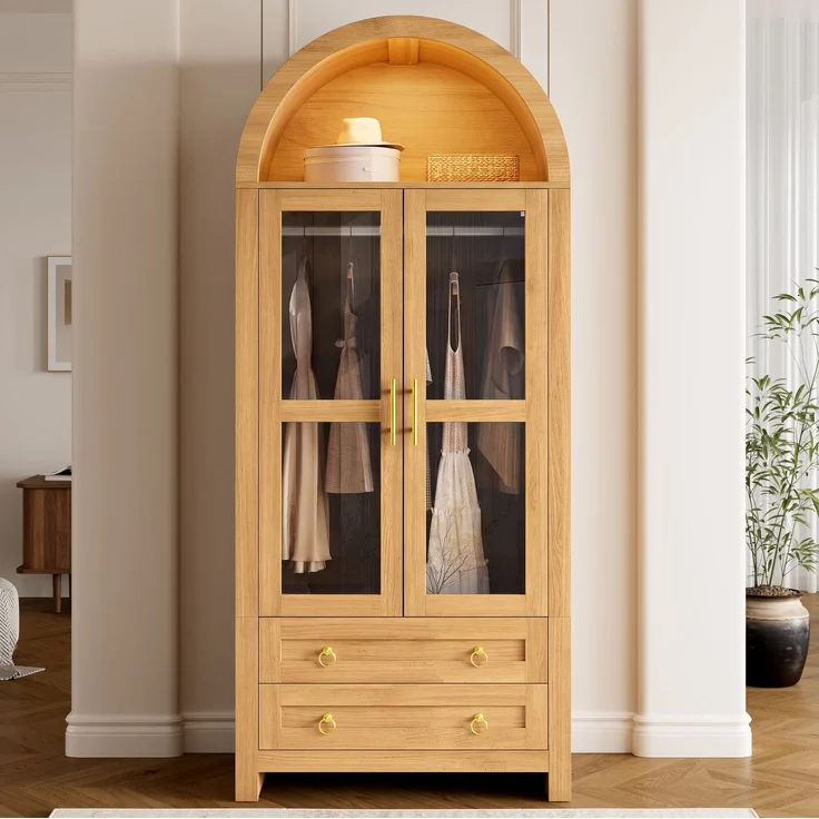 Kleiderschrank 76 x 50 x 185 cm in Eichenoptik mit Glastüren, Schubladen und LED-Beleuchtung – Bild 1