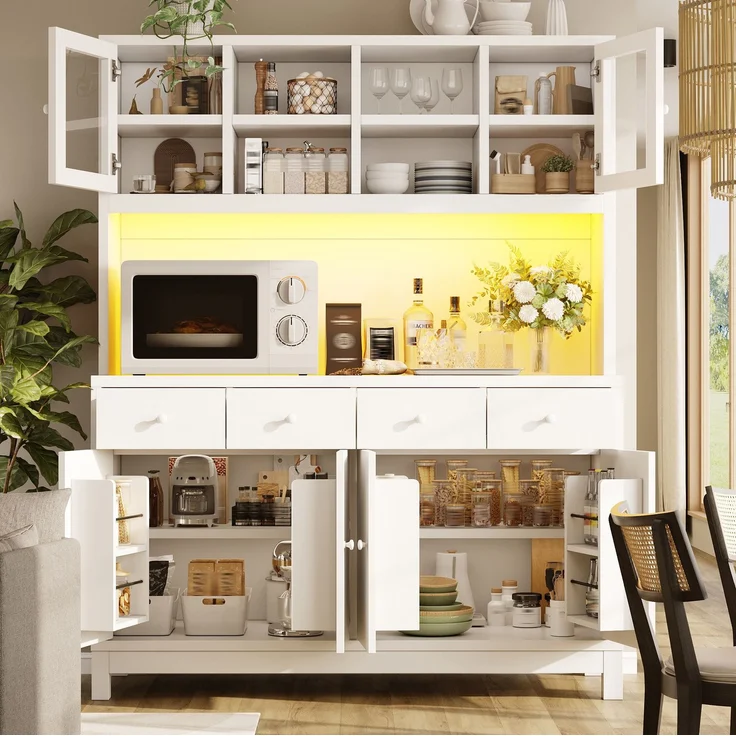 Hochbuffetschrank 140 x 38,5 x 180 cm mit Glastüren, 4 Schubladen und RGB-LED – MDF in Weiß – Bild 4