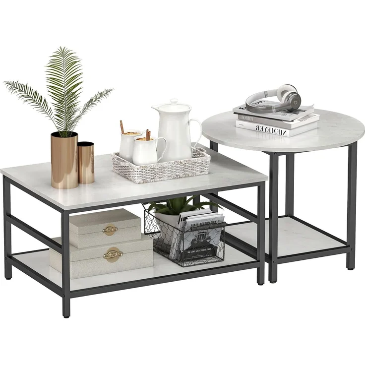 HOMCOM Beistelltisch 2er-Set Nachttisch, Couchtisch mit Beinen aus Stahl, Wohnzimmertisch Kaffeetisch für Wohnzimmer Schlafzimmer 80 x 54 x 41 cm Schwarz+Weiß