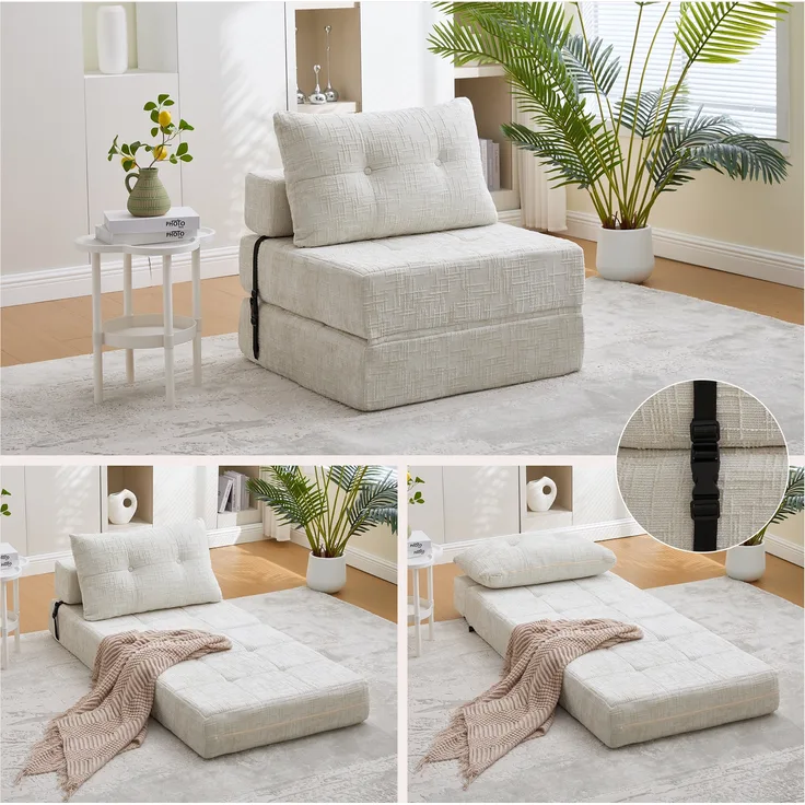 LVHOM Schlafsofa mit Schlaffunktion und Kissen, tragbares Klappsofa mit Rückenlehne, bis 200kg, für Wohnzimmer Büro, Beige