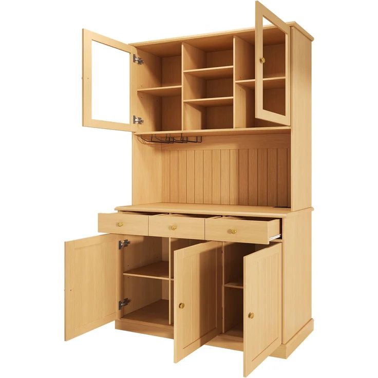 Buffetschränke, Esszimmer-Hochschrank 120×40×191 cm, mit Glastüren, Gläserhalter, mehrstufigem Stauraum, integrierter Steckdose sowie USB-C- und USB-A-Anschlüssen, Naturfarbe – Bild 10