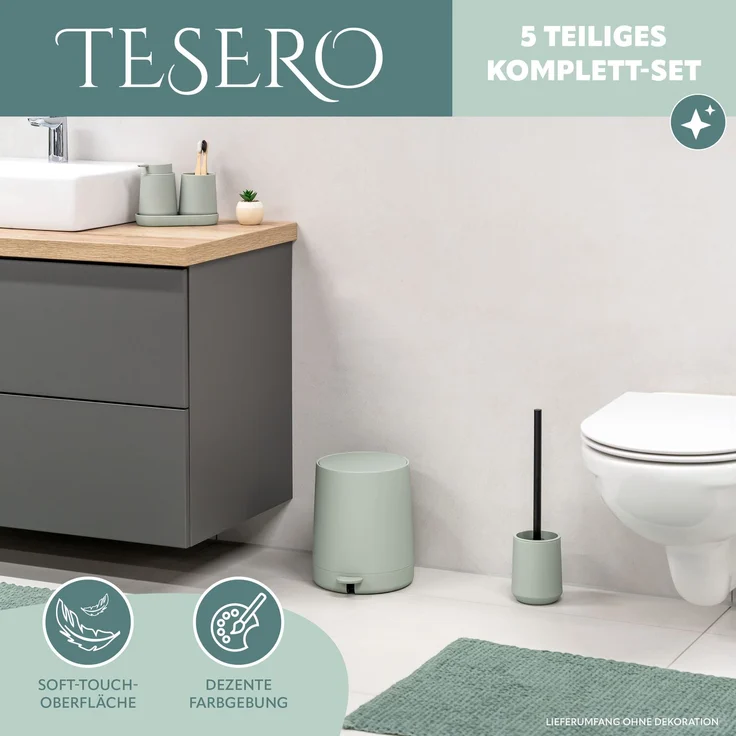 Bad-Accessoires Set TESERO 5tlg. bestehend aus 1x Seifenspender, 1x Becher, 1x Schale, 1x WC-Garnitur, 1x Kosmetikeimer aus Kunststoff in Salbei – Bild 2