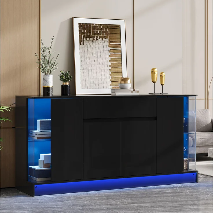 DESVIAE Sideboard Schwarz aus Spanplatte – 150x75x40 cm – LED-Beleuchtung, Glasvitrinen, Schublade – Bild 3
