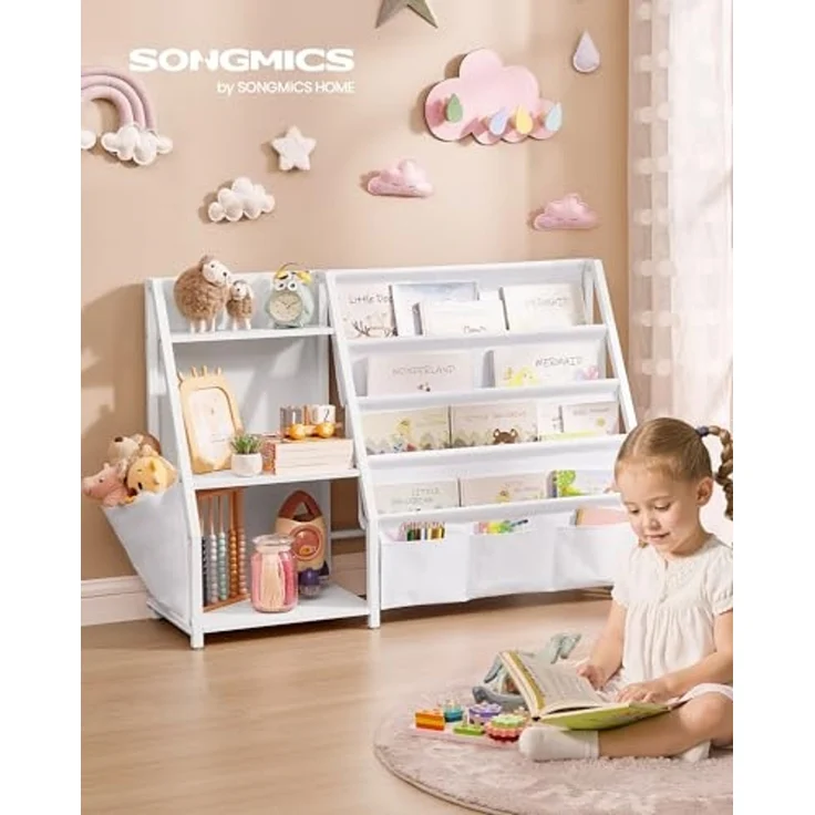 SONGMICS Bücherregal Kinder, mit Seitentasche, Stahl/Textil/Holz Weiß, 30 x 108,5 x 75 cm – Bild 2
