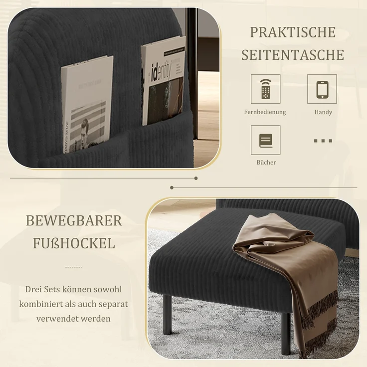 LVHOM 2-Sitzer Sofa mit Metallsockel, Doppelsofa Cordstoff mit Seitentaschen, Polstersofa Stoffsofa Sitzmöbel Loungesofa, 120x79x75cm – Bild 10