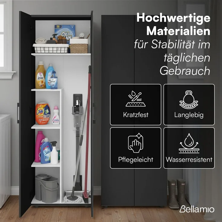 Bellamio 'Apol' Mehrzweckschrank, schwarz, 176x33x60 cm, Besenschrank mit Staubsaugerfach und 4 weiteren Fächern – Bild 5