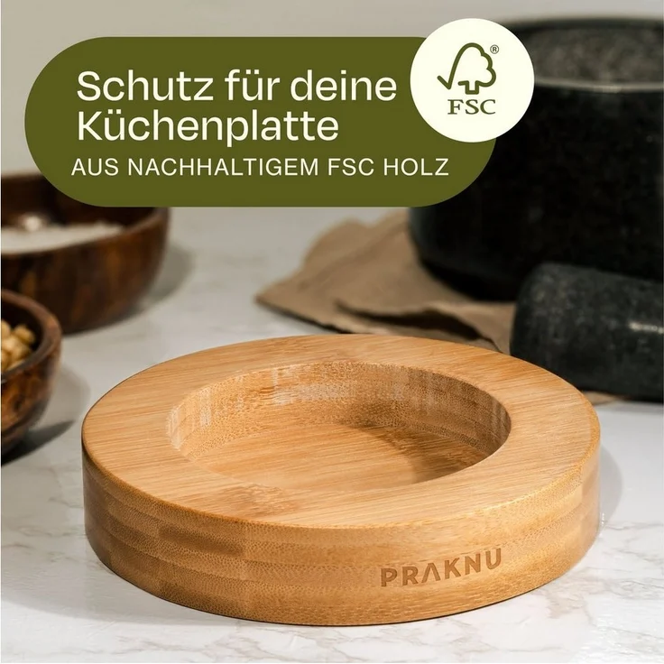 Praknu Mörser Mörser mit Stößel aus Granit - Für ein feines Mahlergebnis - Mit, Für ein feines Mahlergebnis - Untersetzer aus nachhaltigem FSC Holz – Bild 2