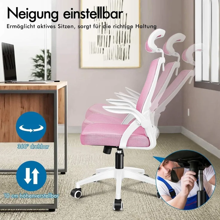 ALFORDSON Bürostuhl Rosa Kopfstütze Lordosenstütze Mesh-Rückenlehne – Bild 5