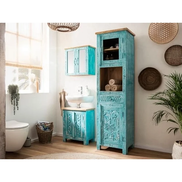 massivum Spiegelschrank Santa Cruz blau 52x50x23 cm Mango-Holz Hängeschrank Wandschrank Badmöbel Badezimmer – Bild 2