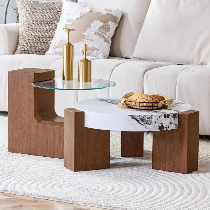 DESVIAE Couchtisch-Set 2-tlg. mit Sicherheitsglas Ø 61 cm, H 30 cm MDF in Nussbaum- und weißer Marmoroptik, 61 x 61 x 30 cm – Bild 2