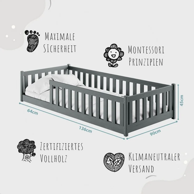 Kids Collective Kinderbett Bodenbett Bett mit Rausfallschutz & Lattenrost Montessori Bett Kinder (weitere Größen 80x160, 80x180, 90x190, 120x200, 140x200 cm), Jugendbett Einzelbett Graphit Kiefer 90x200 cm – Bild 3