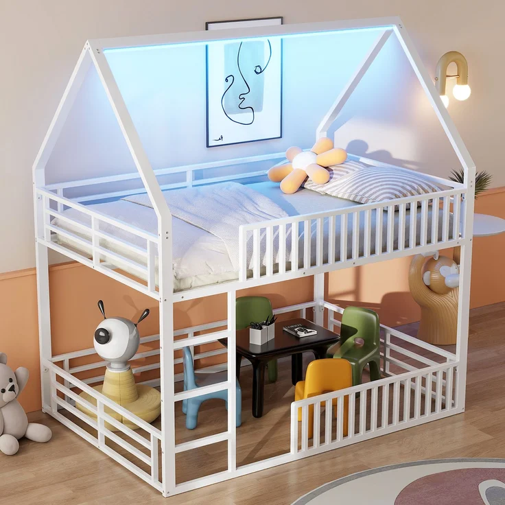 U-life Haus-Etagenbett 140x200 cm mit Sicherheitszaun, LED-Beleuchtung und 2 Lattenrosten, Weiß – Bild 4