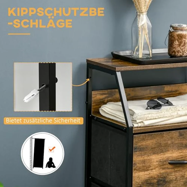 HOMCOM Kommode, braun, Textil, mit 3 Stoffschubladen und Stahlrahmen, 44x92x29 cm, für Wohnzimmer – Bild 7