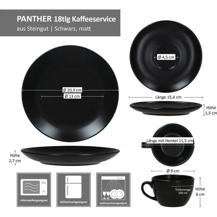 18tlg Kaffeeservice Panther schwarz Steingut 6 Personen – Bild 7