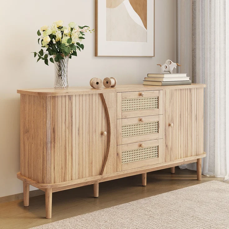 Merax Sideboard, Rattan, mit Schiebetüren, verstellbaren Einlegeböden und abgerundeter Platte, Holzfarbe, 76 x 140,5 x 40 cm – Bild 5