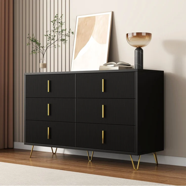 DESVIAE Sideboard mit 6 Schubladen, 120x77x40 cm, Spanplatte, Schwarz und Gold – Bild 6