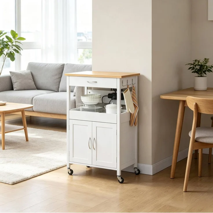 Küchenwagen 60x45x92 cm mit Schublade, Schrank und Rollen – Weiß in Bambus-Optik – Bild 3