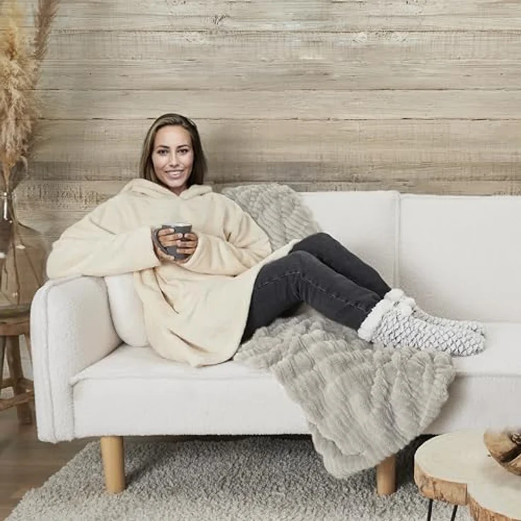 HOME DECO FACTORY, TX91671, Sherpa Linen Interior Hoodie, Soft and Fluffy Comfort, Ideal for Cocooning Evenings, Versatile as a Plaid or Bed Throw, Size M, Beige – Bild 2