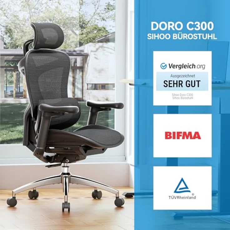 SIHOO Doro C300 Ergonomischer Bürostuhl mit ultraweichen 3D-Armlehnen, dynamischer Lordosenstütze, Verstellbarer Rückenlehne (Schwarz) – Bild 4