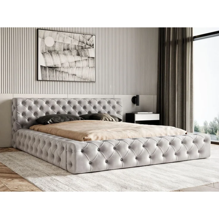 GRAINGOLD Palini Polsterbett 180x200, mit gepolstertes Kopfteil, gestepptes Bett, Bettkasten, Velour-Stoff, Hellgrau – Bild 1