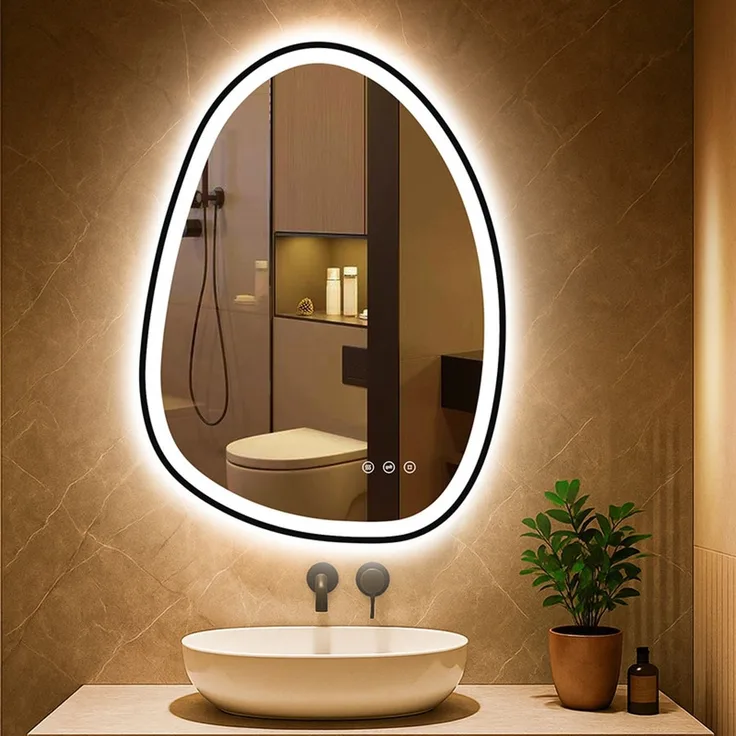 PESENXAN LED Badezimmerspiegel 83x60 cm, asymmetrischer Wandspiegel mit Beleuchtung, 3 Lichtfarben, dimmbar, Anti-Beschlag, Memory-Funktion, energiesparend, vertikal/horizontal montierbar, Schwarz