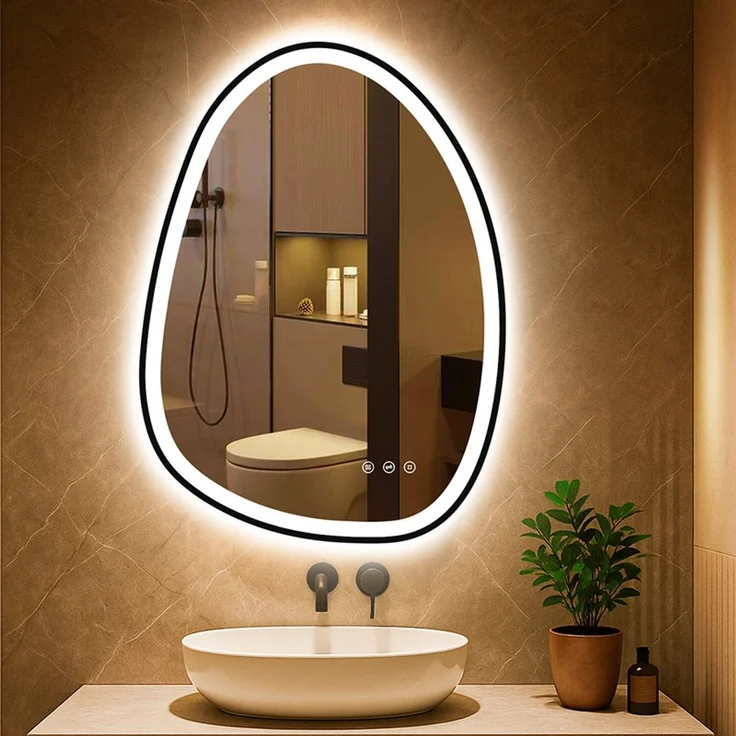PESENXAN LED Badezimmerspiegel 83x60 cm, asymmetrischer Wandspiegel mit Beleuchtung, 3 Lichtfarben, dimmbar, Anti-Beschlag, Memory-Funktion, energiesparend, vertikal/horizontal montierbar, Schwarz