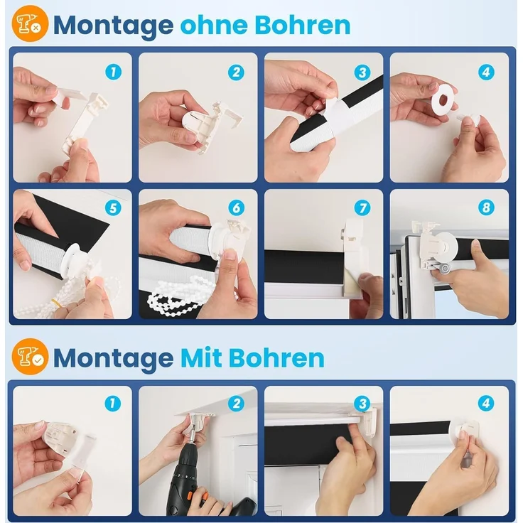 Grandekor Doppelrollo Klemmfix ohne Bohren Schwarz-Weiß 65x150 cm(Stoffbreite 61cm) Fenster Rollos für innen Klemmrollos Duo Rollos für Fenster ohne Bohren mit Bohren Privatschutz Zebrarollo – Bild 8